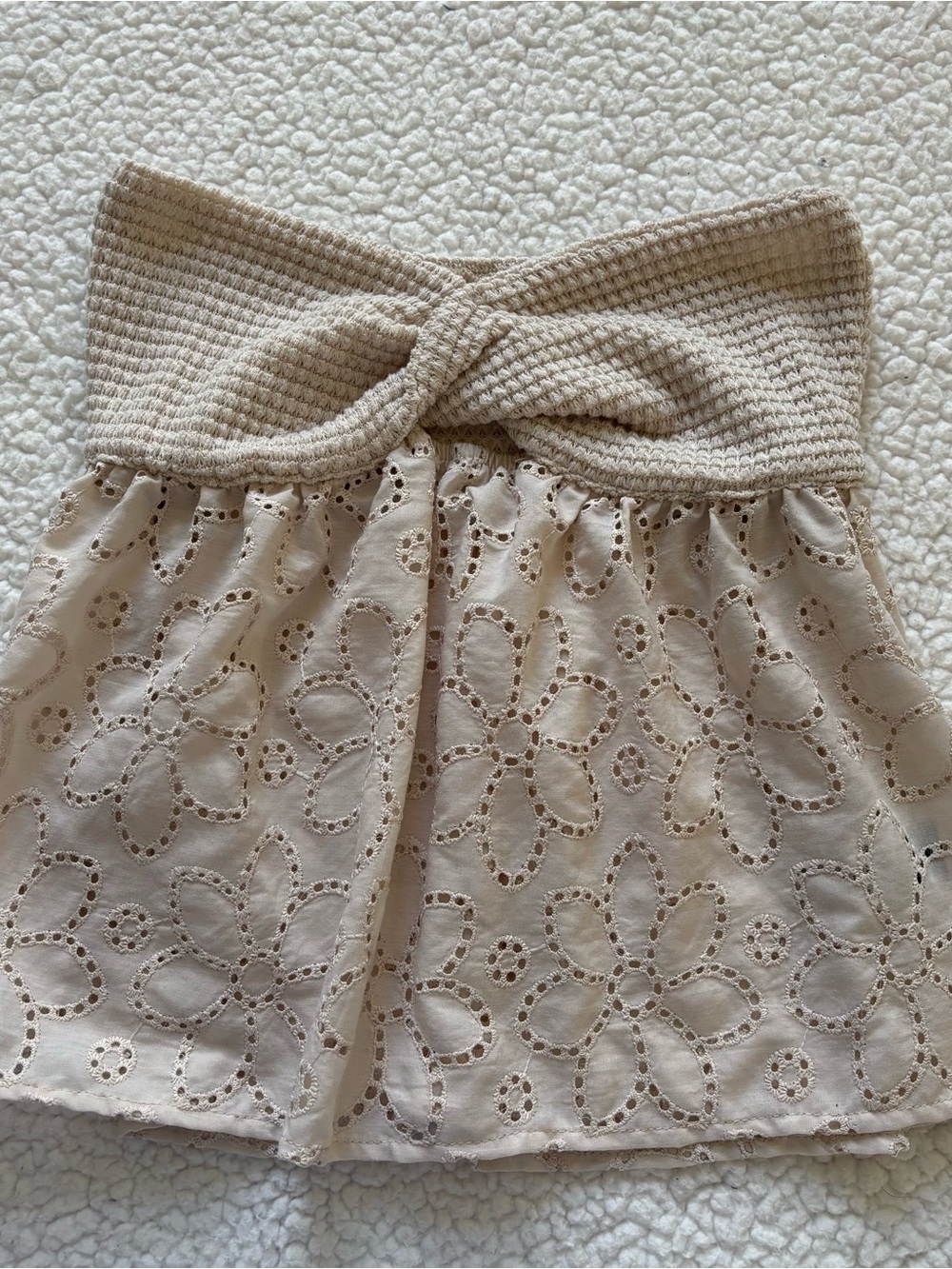 SHEIN Beige Knit Twist Front Eyelet Lace Tube Top Flowy Coquette Boho Bandeau XS